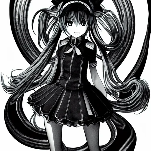 Image similar to hatsune miku by Kentaro Miura, black and white, highly detailed