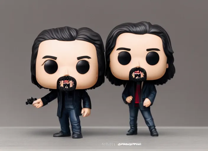 Prompt: product still of Keanu Reeves funko pop with box, 85mm f1.8