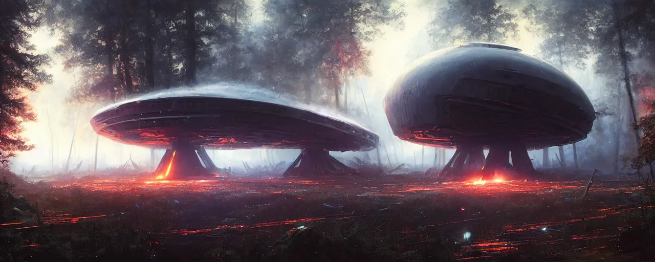 Image similar to a giant megastructure spaceship wrecked and lost in the forest, a small fire in the distance, powerful laser light and large sound system on the left close to the camera, detailed digital art by greg rutkowski.