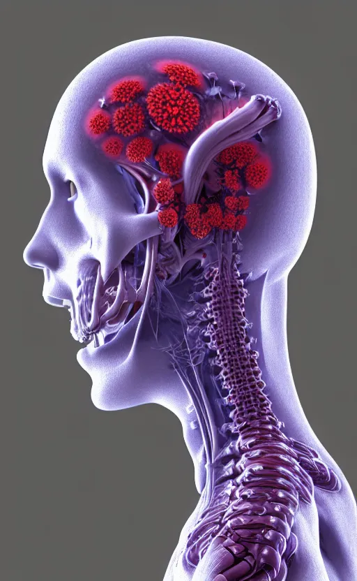 Prompt: 3D render of a beautiful profile face portrait of a female cyborg, 150 mm, flowers, Mandelbrot fractal, anatomical, flesh, facial muscles, veins, arteries, full frame, microscopic, elegant, highly detailed, flesh ornate, elegant, high fashion, rim light, ray trace, octane render in the style of H.R. Giger