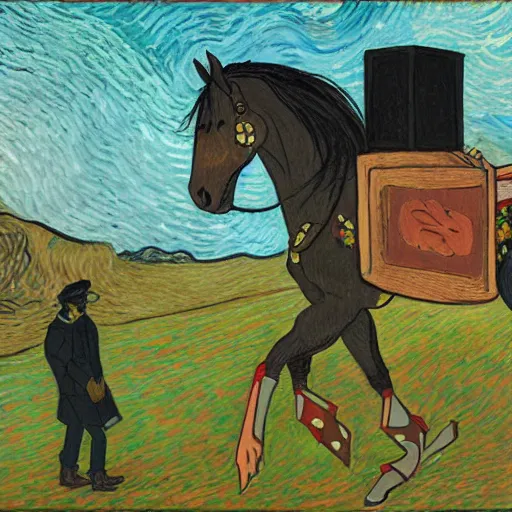 Prompt: painting of a tragic somber horse funeral, in the style of studio ghibli and moebius and vincent van gogh