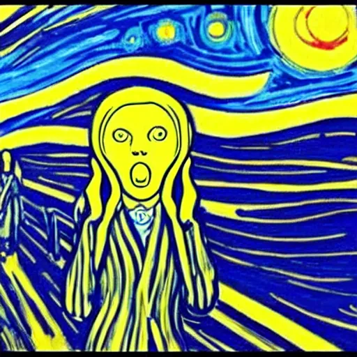Prompt: painting of edvard munch's the scream with van gogh's the starry night in the background, detailed, unreal engine
