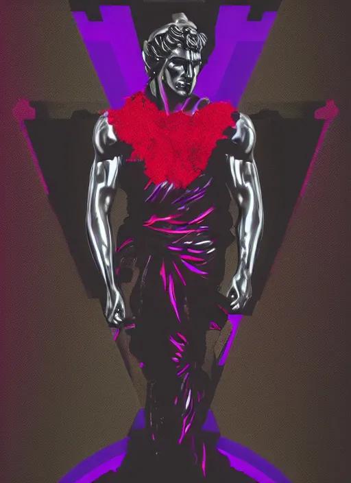 Image similar to elegant dark design poster showing a heroic statue of achilles, black background with very subtle red and purple design elements, bold, powerful, nekro, vito acconci, thin straight purple lines, dark, glitch art, neo vaporwave, gritty, layout frame, square, trending on artstation