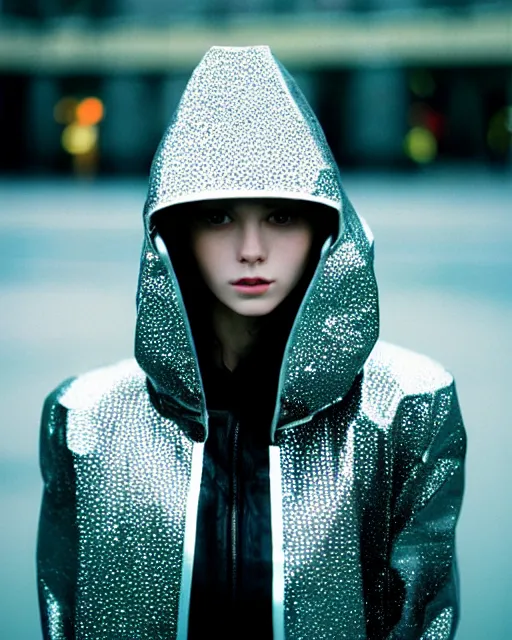 Image similar to detailed portrait kodak portra 800; grainy film European Pretty Young Girl Storm Rain bladerunner movie Reflective jacket coat, Futuristic sci-fi fashion, royal attire Perfect face, fine details, realistic shaded, fine-face, pretty face