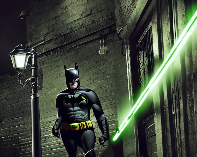 Prompt: a high definition photograph of Batman swinging a green lightsaber through a lamppost in a dark city alleyway at nighttime