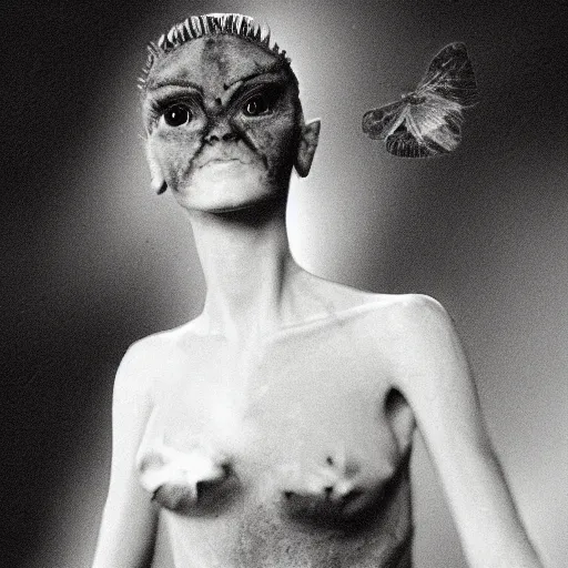 Prompt: humanoid female moth, movie still of a moth-woman, moth