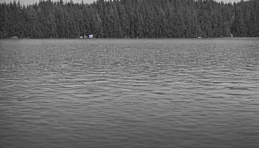 Image similar to photograph of an infinitely long rope floating on the surface of the water, the rope is snaking from the foreground towards the center of the lake, a dark lake on a cloudy day, anamorphic lens, kodak color film stock