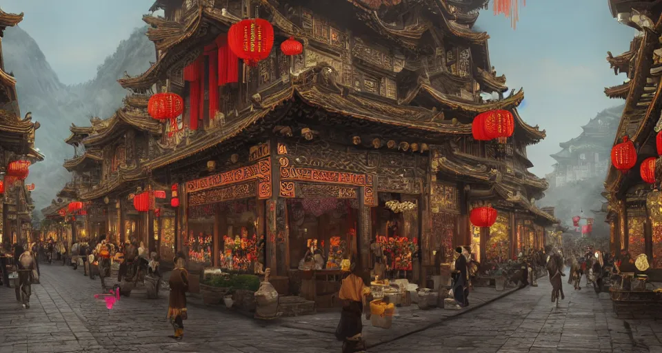 Prompt: an opulent chinese style game scene cg design, ancient lively bazaar street ， full of details, matte painting, concept art, smooth ， trending on cgsociety and blender ， unreal engine ， 8 khdr ， light effect ， rtx on ， - h 6 4 0