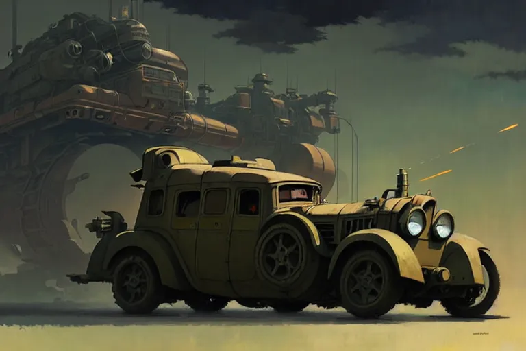 Image similar to dieselpunk, car, painted by greg rutkowski makoto shinkai takashi takeuchi studio ghibli, akihiko yoshida