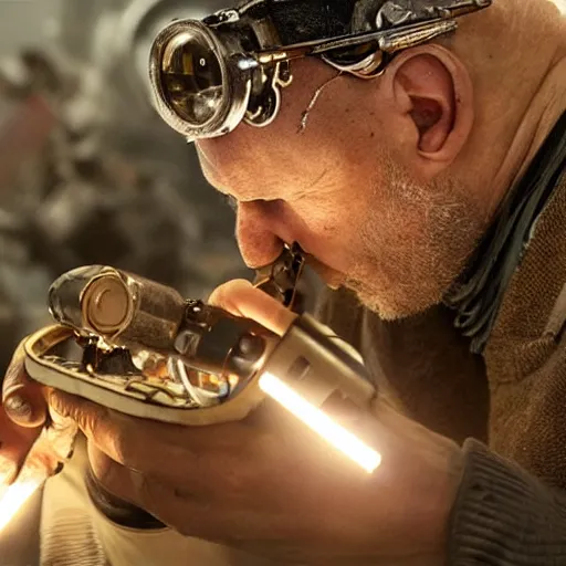 Image similar to balding older cyborg using jeweller's loupe with orange led light, inspecting complex gun made from rusted metal kitchen utensils, smoking soldering iron, dark messy cluttered workshop, highly detailed, sci - fi, futuristic, movie still from blade runner