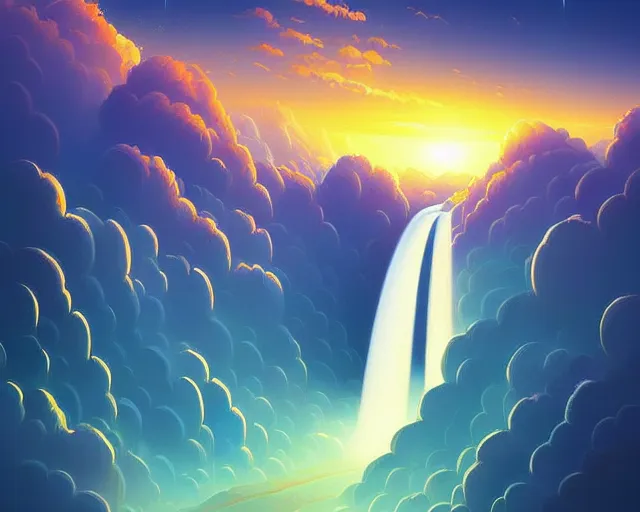 Prompt: celestial waterfall in the clouds, sylvain sarrailh