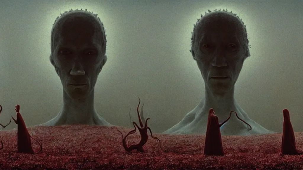 Prompt: the family worships a strange creature, film still from the movie directed by denis villeneuve and david cronenberg with art direction by salvador dali and zdzisław beksinski
