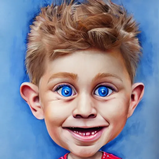 Prompt: caricature painting of a toddler boy with curly blond hair and blue eyes, photography, realistic