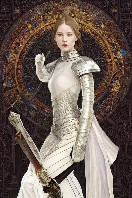 Image similar to beautiful luxury and holy and victorian and divine young female medieval white armor knight portrait like lisa blackpink+shinny eyes+front face with light flowing hair, ultradetail face, ruined gothic cathedral, art and illustration by tian zi and craig mullins and WLOP and alphonse mucha, ssci-fi, fantasy, intricate complexity, human structure, hypermaximalist, fantasy character concept, dynamic lighting, neon light, watermark, blurry, hyperrealism 8k