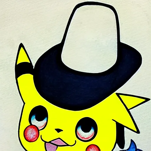 Prompt: Pichu Pokemon anime wearing a straw hat by Ken Sugimori, ink on paper, show-accurate