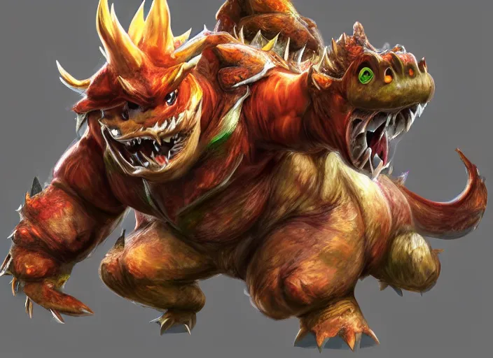 Image similar to detailed concept art of a huge giant bowser by cheng yi and luolin, aartstation, artstationhd, detailed scales, spiky and red hair tuft. bowser, bowser nintendo, koopa, ~ bowser # bowser ( ( mario ) ) bcy. net, realistic. cheng yi, fire breathing. bowser