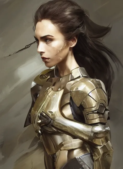 Image similar to a professional painting of a beautiful young female, clothed in military armor, olive skin, long dark hair, beautiful bone structure, symmetrical facial features, intricate, elegant, digital painting, concept art, smooth, sharp focus, illustration, from Metal Gear, by Ruan Jia and Mandy Jurgens and Artgerm and William-Adolphe Bouguerea