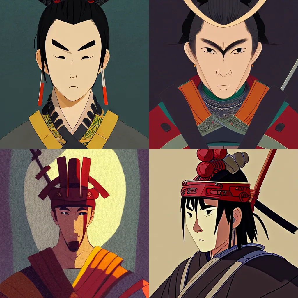 Prompt: portrait of samurai warrior, artstation, cartoon, elegant, highly detailed, digital painting, concept art, smooth, sharp focus, illustration, art by studio ghibli, makoto shinkai, don bluth, fujita goro, jean giraud, atey ghailan, akihiko yoshida, tom whalen, anton fadeev 8 k