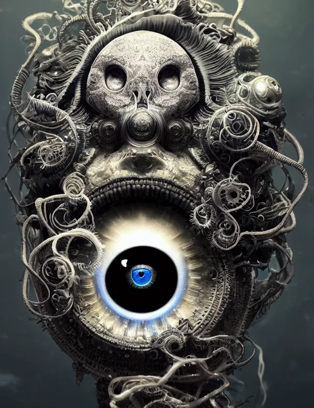 Prompt: eye of god macro close - up portrait with mask made of ram skull. betta fish, jellyfish phoenix, plasma, water, wind, creature, super intricate ornaments artwork by tooth wu and wlop and beeple and greg rutkowski