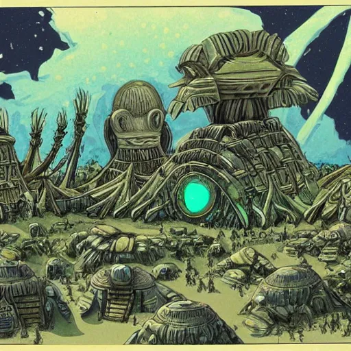 Prompt: extraterrestrial tribe village on ancient post - apocalyptic planet, jim henson creature shop, fantastic planet, illustration