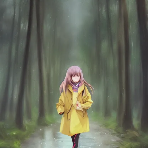 Image similar to A beautiful anime digital painting of a photorealistic a little girl in yellow raincoat ,forest ,bus station ,rainny,, high quality, photorealistic, 4k hd, sharp, by Stanley Artgerm Lau, WLOP, Rossdraws, James Jean, Andrei Riabovitchev, Marc Simonetti, and Sakimichan, gorgeous lighting, well lit, backlit, dramatic cinematic lighting