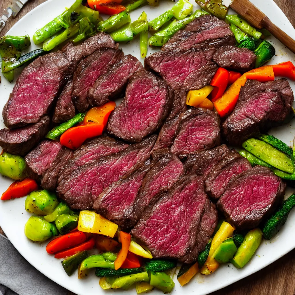 Image similar to a plate of perfectly cooked wagyu steak and vegetables