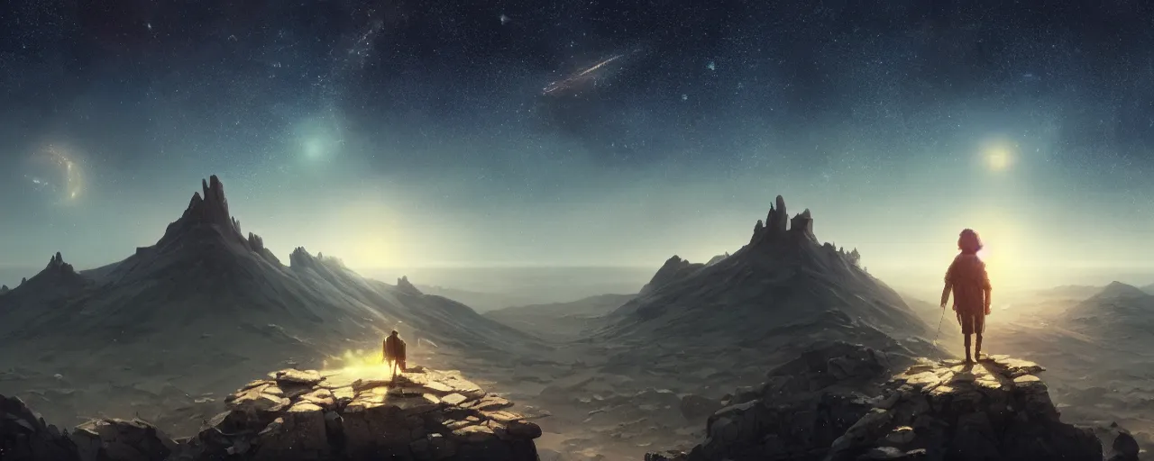 Image similar to top of the holy mountain with the sky full of stars, [ cinematic, detailed, epic, widescreen, opening, establishing, mattepainting, photorealistic, 4 k, octane render, art by greg rutkowski ]