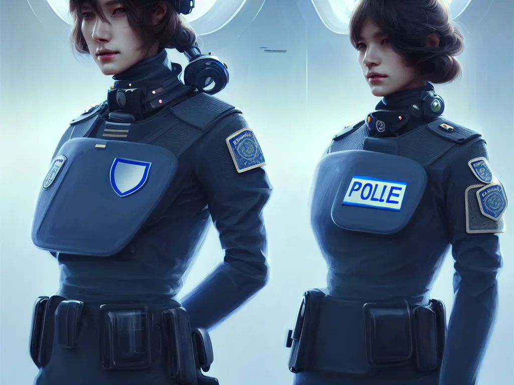 Image similar to portrait futuristic sweden police uniform female, at future neon light rooftop, ssci - fi and fantasy, intricate and very very beautiful and elegant, highly detailed, digital painting, artstation, concept art, smooth and sharp focus, illustration, art by tan zi and ayanamikodon and alphonse mucha and wlop