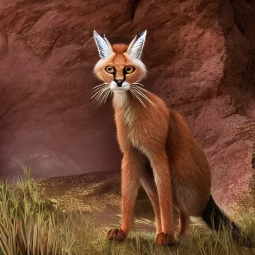 Image similar to an Artstation 3d render of Very very very very highly detailed beautiful mystic photo of cute caracal in the desert, intricate, extremely detailed, digital painting, artstation, concept art, smooth, sharp focus, illustration, intimidating lighting, incredible art,