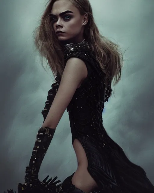 Image similar to portrait of cara delevingne wearing a smoldering dress by Alexander McQueen, Elden Ring, raymond swanland, trending on artstation