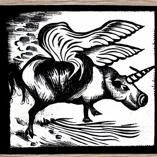 Image similar to black and white flying pig with unicorn horn and white wings woodcut