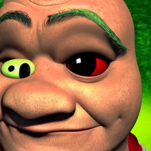 Image similar to shrek with red eyes, head shot