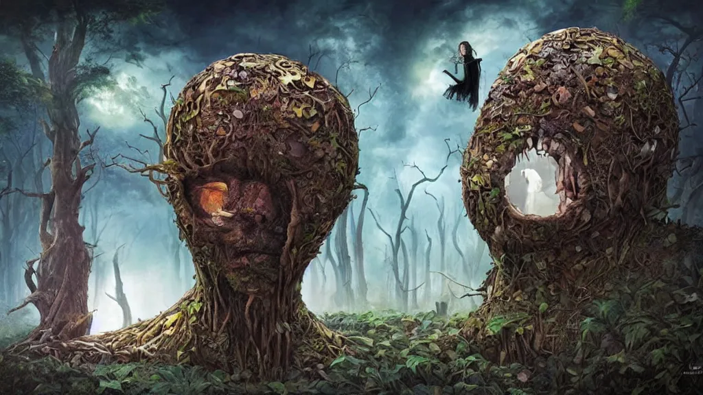 Prompt: the legend of sleepy hallow themed surrealist art in the styles of igor morski, jim warren, and a tim burton film, intricate, hyperrealistic, volumetric lighting