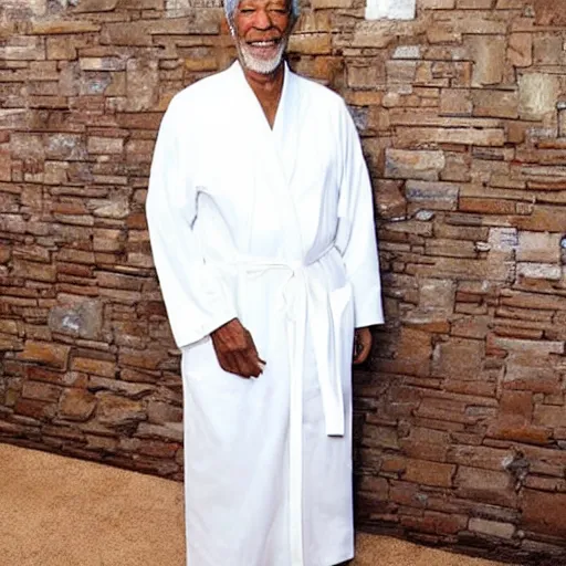 Image similar to Morgan Freeman wearing white robes in heaven, god rays