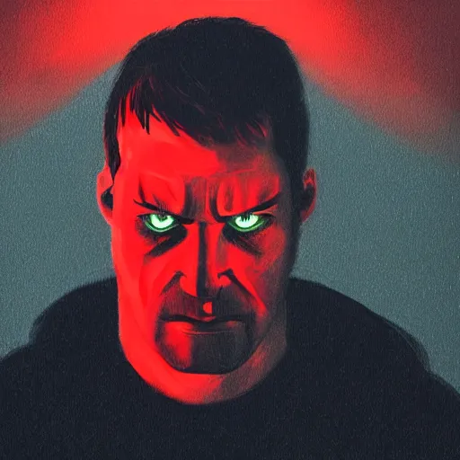 Image similar to head and shoulders view of man looking down to the side angry scowling glowing red eyes intmidating concept art painting ryan church dark moody lighting