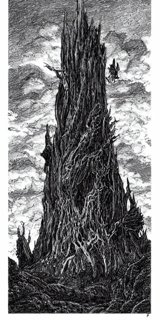 Image similar to a dark tower on a hill surrounded by a dark forest , high fantasy, drawn by Kentaro Miura