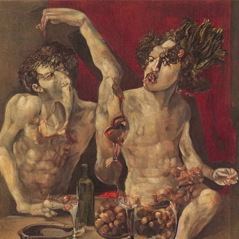 Image similar to raw, unsettling portrait of Dionysus, the Greek god of wine, drinking to forget his heartbreak by 20th-century artist Francis Bacon