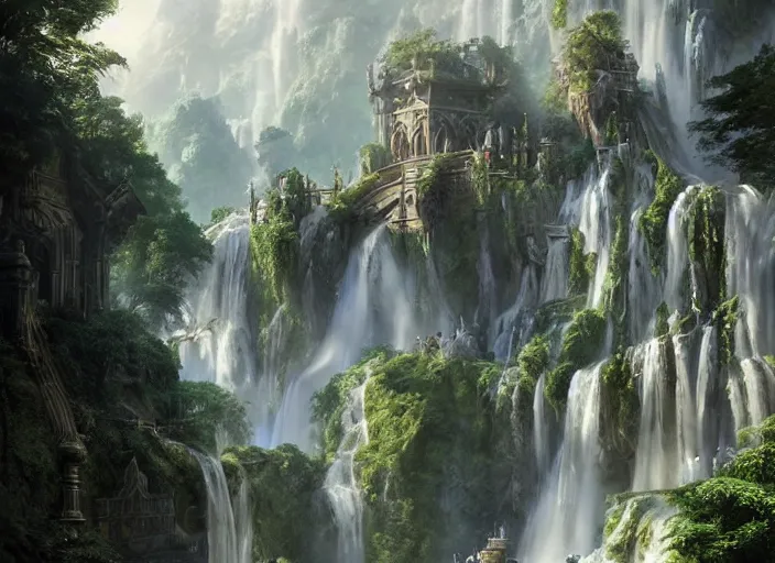 Prompt: A beautiful elven city made of ivory, waterfall, lush trees, fountain, built into the side of a cliff, a fantasy digital painting by Greg Rutkowski and James Gurney, trending on Artstation, highly detailed