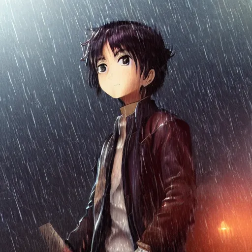 Image similar to portrait of the boy standing in the rain without umbrella, anime fantasy illustration by tomoyuki yamasaki, kyoto studio, madhouse, ufotable, square enix, cinematic lighting, trending on artstation