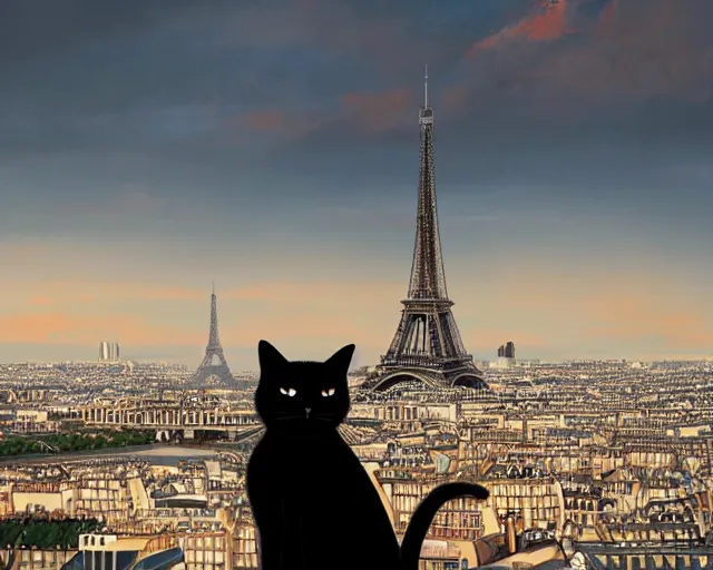 Image similar to a black cat sitting on the top of a building overlooking a French city, Eiffel Tower in the background. Atmospheric lighting, warm lighting, wide shot, sunset. By Makoto Shinkai, Stanley Artgerm Lau, WLOP, Rossdraws, James Jean, Andrei Riabovitchev, Marc Simonetti, krenz cushart, Sakimichan, trending on ArtStation, digital art.