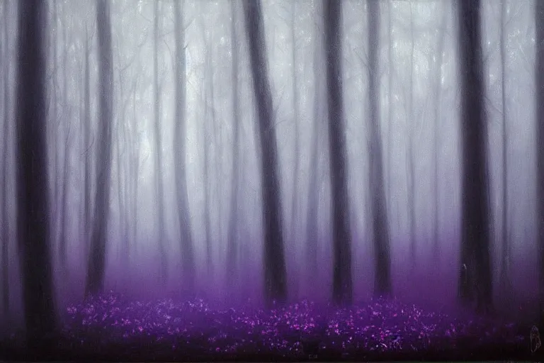 Image similar to dark and spooky painting of a forest dimly lit at night with tiny purple morning glory flowers trailing at the base of trees. foggy cinematic volumetric darkness, muted colour palette, detailed oil painting on canvas by robert hughes