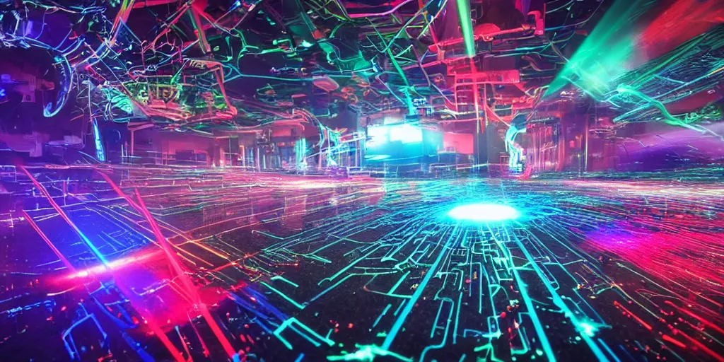 Image similar to wet complex, colored lasers, robots, circuits, smoke, god rays, wires, wet metal reflections, mirrors, infinite, close up, glowing wires, wet, ultra detailed, group of robots