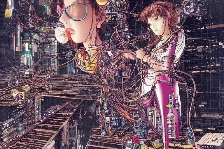 Prompt: an intricate, awe inspiring cyberpunk illustration of a girl with balloon, wires and cables coming out, by masamune shirow and katsuhiro otomo ((colorful))