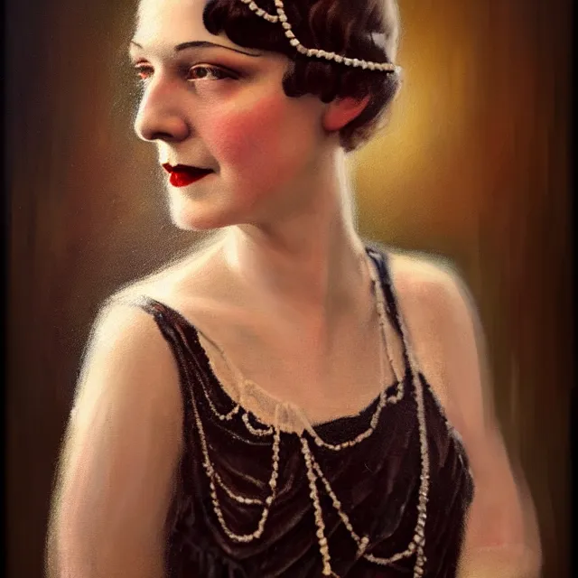 Image similar to a portrait photo of a 1 9 2 0 s woman with a slight smile in a flapper dress, atmospheric lighting, painted, intricate, ultra detailed by leesha hannigan, thierry doizon, kai carpenter, well composed, best on artstation, cgsociety, epic, stunning, gorgeous, intricate detail, wow, masterpiece