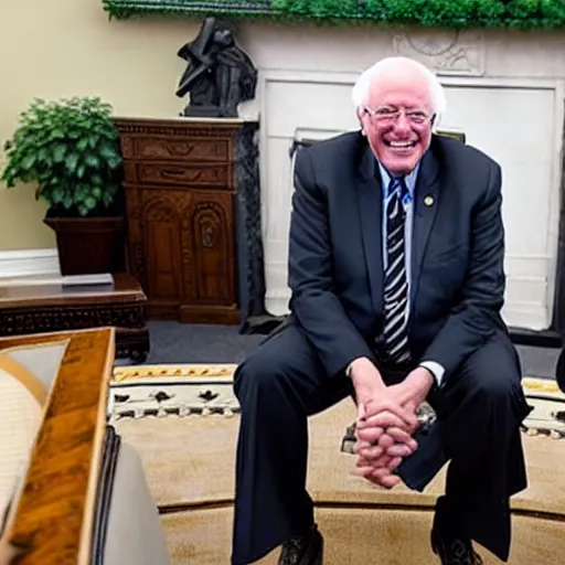 Prompt: president bernie sanders smiling in the oval office