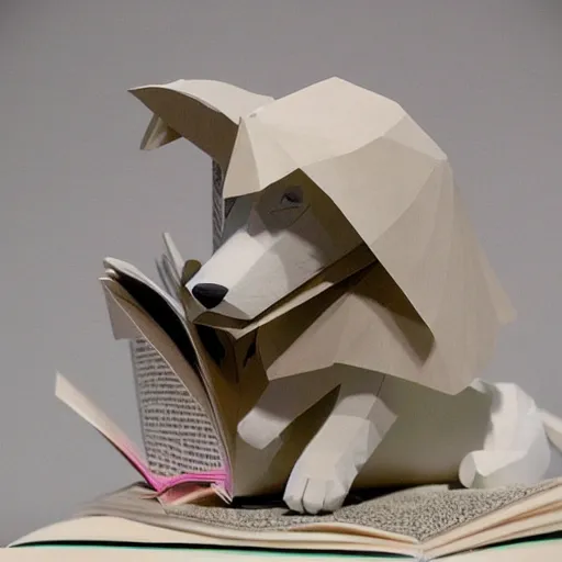 Image similar to cut paper sculpture of a cute husky pup reading a book