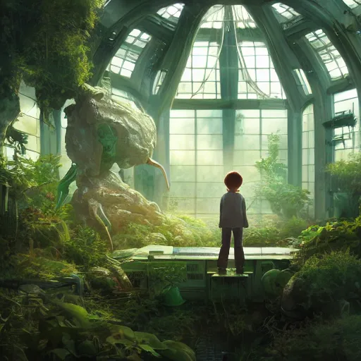 Image similar to , boy with grandma in scifi green house, spaceship, plants, stephen bliss, misty, unreal engine, fantasy art by greg rutkowski, loish, ferdinand knab, and lois van rossdraws, global illumination, radiant light, minimalist, detailed and intricate environment