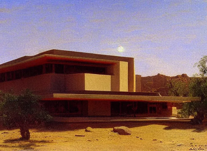 Prompt: painting of a frank lloyd wright house in the california desert by albert bierstadt