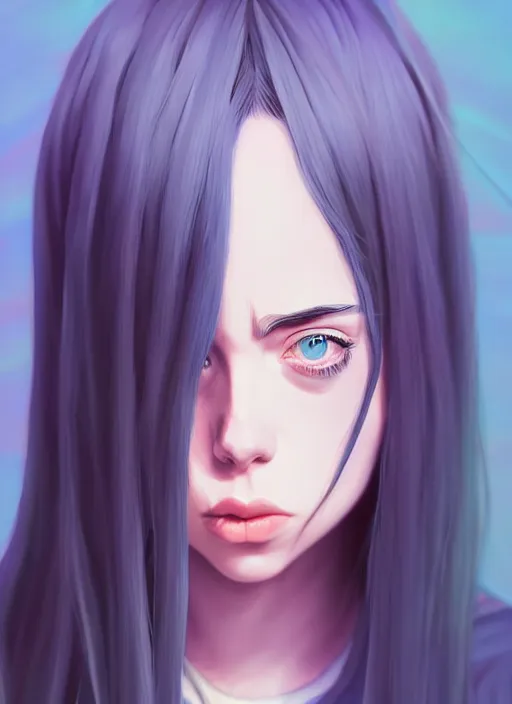 Image similar to a potrait of billie eilish as an anime, fine, realistic, shaded, lighting, ilya, kuvshinov, katsuhiro, artgerm, jeremy, lipkin, michael, garmash, unreal, engine, 5, radiant, light, detailed, intricate, environment