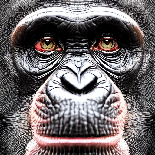 Image similar to a high detail closeup photograph of a chimpanze wearing a suit 👔, award wining photograph, digital art